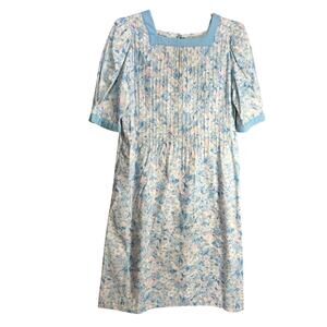 Matti of Lynne VTG 80s Dress Blue Floral Romantic Cottage Basque Waist Size 10